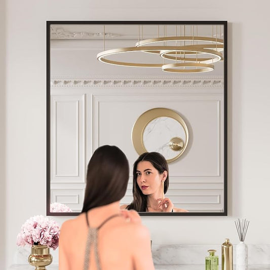 LOAAO 30"X36" Black Rectangle Bathroom Mirror Wall, Matte Black Aluminum Alloy Frame, Tempered Glass, Hangs Vertically or Horizontally, Easy to Install