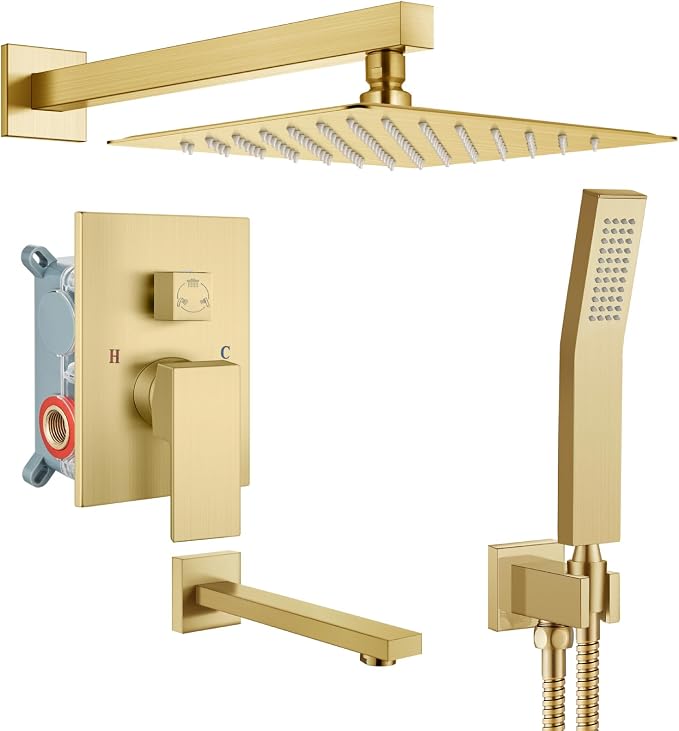 gotonovo Bathtub Shower Faucet Set, 10 Inch Shower Head, Brushed Gold | Wall Mounted Shower System with Tub Spout for Bathroom, Square High Pressure Rain Shower head with Handheld Spray, All Metal
