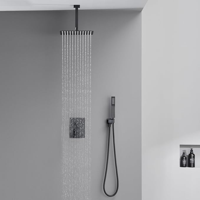 Shower System 12 Inches Rain Shower Combo Set Black Ceiling Mount Shower Faucet Bathroom Faucets with Rainfall Shower Head and Hand Shower