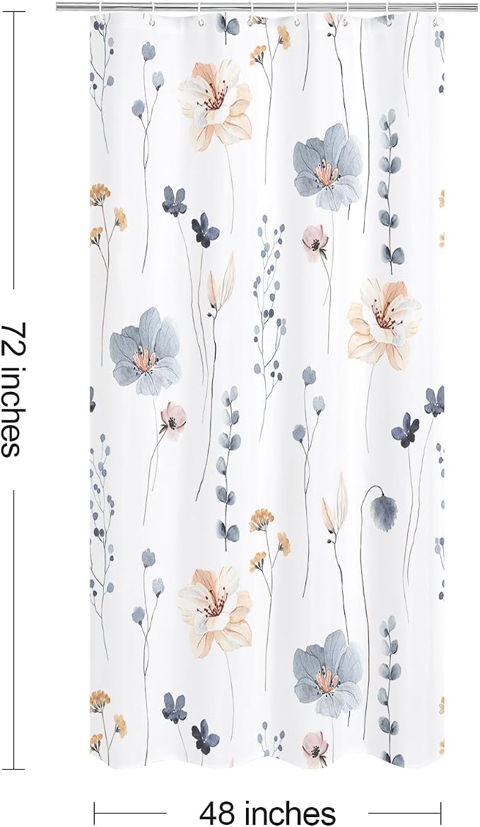 Blue Beige Watercolor Floral Fabric Shower Curtain, 48x72 | Waterproof Fabric, Modern Minimalist Floral Print, Machine Washable, Rustproof Grommets, for Bathroom Home, Stall