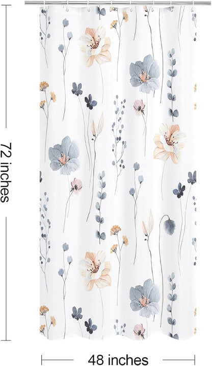 Blue Beige Watercolor Floral Fabric Shower Curtain, 48x72 | Waterproof Fabric, Modern Minimalist Floral Print, Machine Washable, Rustproof Grommets, for Bathroom Home, Stall