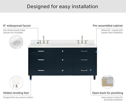 ARIEL Monroe 72-inch Bathroom Vanity with Sink,Solid Wood, 1.5-inch Pure White Quartz Countertop & Backsplash, Double Rectangular Porcelain Sink, 9 Dovetail Drawers, Brushed Nickel, Midnight Blue