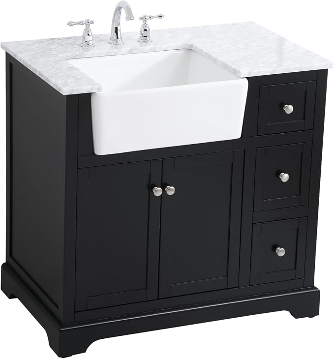 36" Pre-Assembled Bathroom Vanity with Sink, Solid Birch and MDF, Carrara White Marble Countertop Attached, Single Rectangle Porcelain Sink, 3 Soft-Close Drawers, Black
