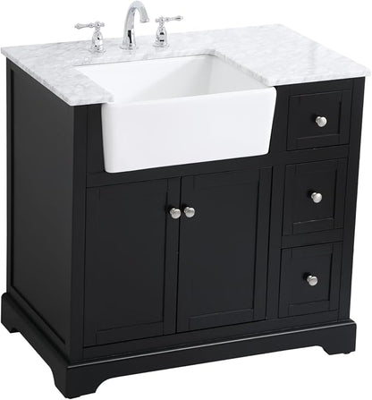36" Pre-Assembled Bathroom Vanity with Sink, Solid Birch and MDF, Carrara White Marble Countertop Attached, Single Rectangle Porcelain Sink, 3 Soft-Close Drawers, Black