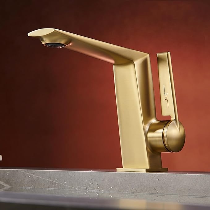 BiaoTeng Brushed Gold Bathroom Faucets Single Handle Hot and Cold Brass Faucets for Bathroom Sinks One Hole