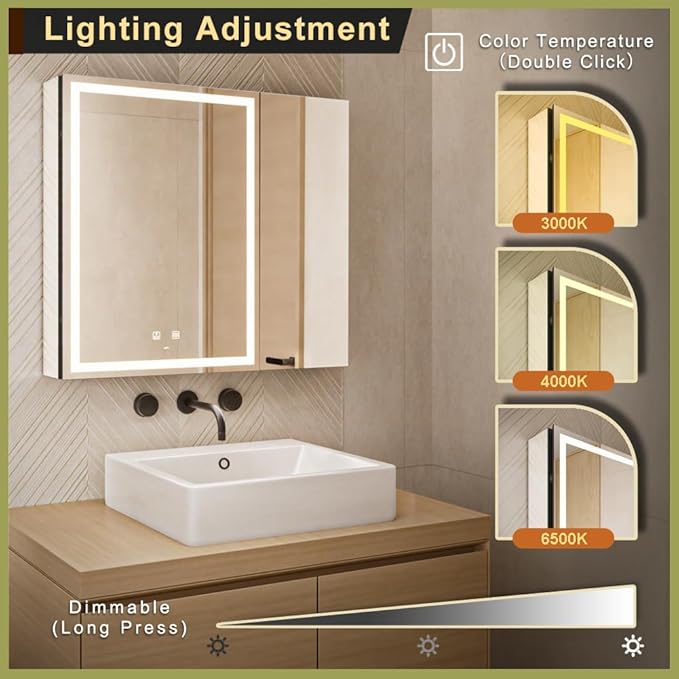 LED Lighted Bathroom Medicine Mirror Cabinet with Sockets & USBs, Anti-Fog Dimmable Light and Color Adjustment, Easy to Install Aluminum Cabinet (30 * 28 Two-Door)