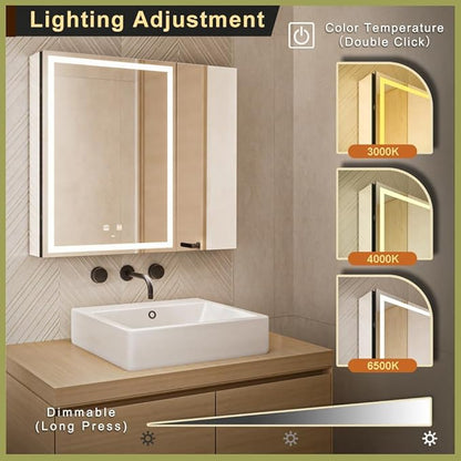 LED Lighted Bathroom Medicine Mirror Cabinet with Sockets & USBs, Anti-Fog Dimmable Light and Color Adjustment, Easy to Install Aluminum Cabinet (30 * 28 Two-Door)