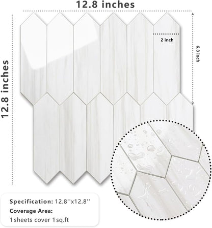 Vamos Tile 1 Sheet Glossy Dolomite White Backsplash Tile Peel and Stick, 12.8 x 12.8 Inch Long Hexagon PVC Self Adhesive Mosaic Wall Tiles Stick on Backsplash for Kitchen and Bathroom