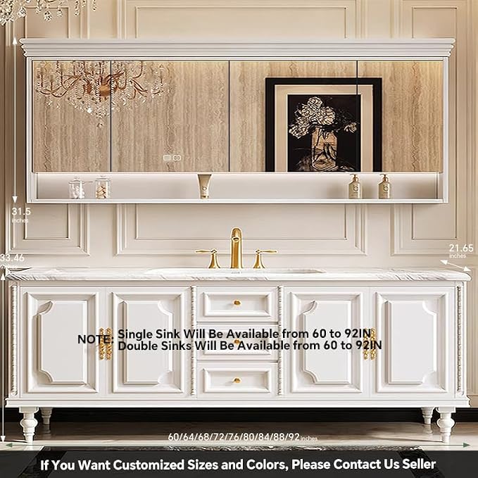 Bathroom Vanity with Single/Double Sink,Smart Defogging Mirror and Cabinet,48-92IN French Elegant Style Solid Wood Floor Standing Vanity