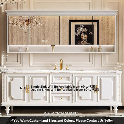 Bathroom Vanity with Single/Double Sink,Smart Defogging Mirror and Cabinet,48-92IN French Elegant Style Solid Wood Floor Standing Vanity