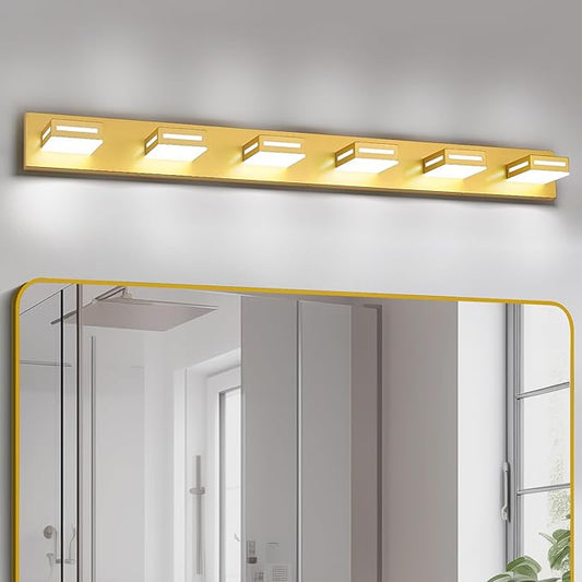 LED Modern Bathroom Light Fixtures, 6-Light 48-Inch Gold Vanity Lights for Bathroom Lighting Fixtures Over Mirror, 350° Rotatable Acrylic, 6000K Cool White Wall Lamp