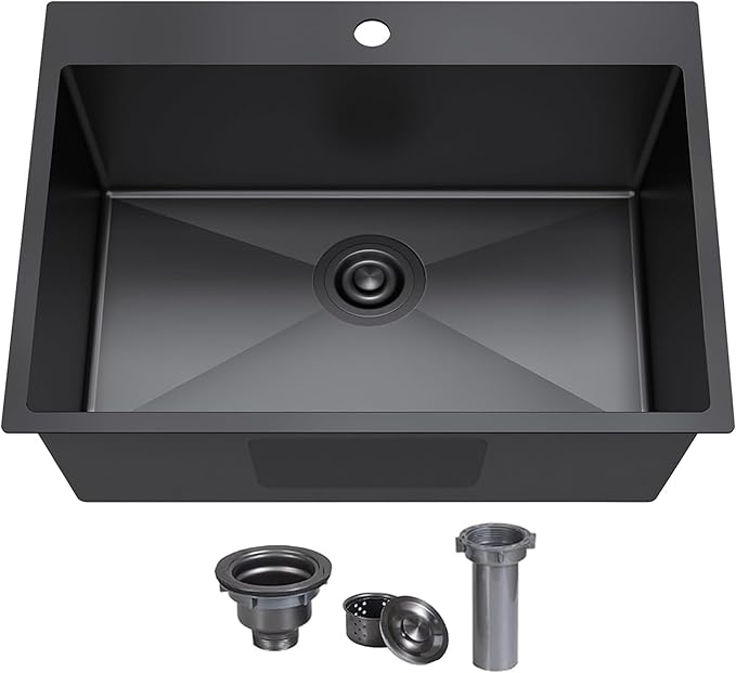 KINGO HOME 22x18 Inch Black Kitchen Sink,Drop In 16 Gauge RV Small Kitchen Bar Sinks,Stainless Steel Topmount Outdoor Prep Single Bowl Workstation Wet Bar Sink with Stainless Steel Strainer