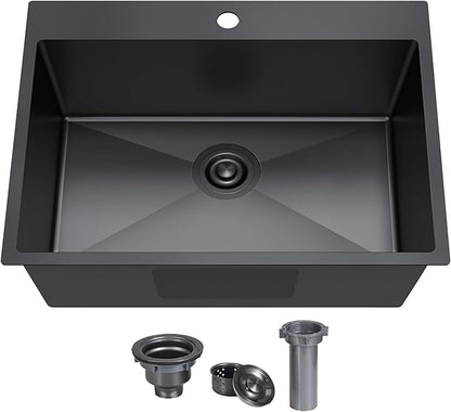 KINGO HOME 22x18 Inch Black Kitchen Sink,Drop In 16 Gauge RV Small Kitchen Bar Sinks,Stainless Steel Topmount Outdoor Prep Single Bowl Workstation Wet Bar Sink with Stainless Steel Strainer