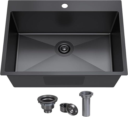 KINGO HOME 22x18 Inch Black Kitchen Sink,Drop In 16 Gauge RV Small Kitchen Bar Sinks,Stainless Steel Topmount Outdoor Prep Single Bowl Workstation Wet Bar Sink with Stainless Steel Strainer
