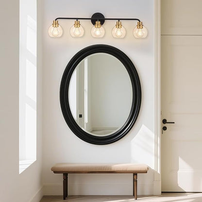 5 Light Bathroom Vanity Light, Black and Gold Bathroom Light Fixtures | with Clear Glass Shade Modern Wall Sconces Lighting Bath Wall Lights Lamp for Mirror Kitchen Living Room Bedroom Hallway