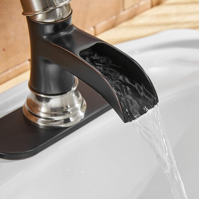 BWE Waterfall Bathroom Faucet Single Hole Oil Rubbed Bronze with Brushed Nickel for Bathroom Sink Farmhouse Single Handle Vanity Faucets Lavatory Mixer Tap