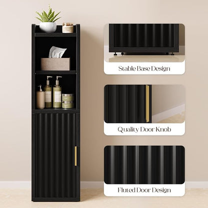 Yoobure Fluted Small Bathroom Storage Cabinet, Narrow Toilet Paper Cabinets | 7.9" D x 7.9" W, Wood Slim Corner Floor Cabinet with Door& Adjustable Shelf, Skinny Bathroom Organizer for Small Spaces,Black