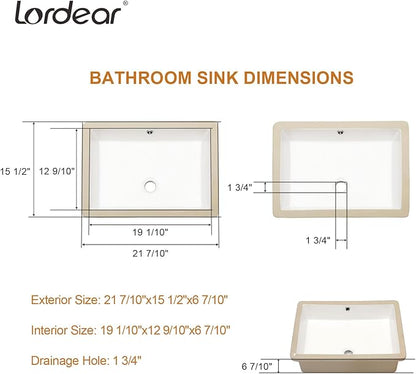 Lordear Undermount Bathroom Sink 22x16 Inch White Porcelain Ceramic Rectangular Bathroom Vanity Sinks Under Counter Sink Basin with Overflow