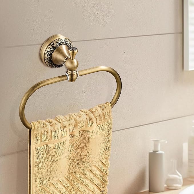 2-Piece Set Antique Brass Toilet Paper Holder, Brass Towel Ring Oval, Hand Towel Holder Bathroom Accessories Wall Mounted Vintage