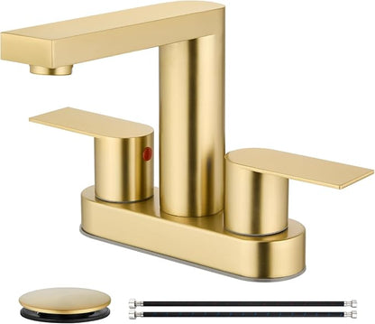 Brushed Gold Bathroom Sink Faucet,4 Inch Centerset,Two Handle | Lead-Free SUS304 Stainless Steel 2 or 3-Hole Centerset Bathroom Faucet,Pop-Up Drain & cUPC Supply Lines for Vanity Sinks & RV