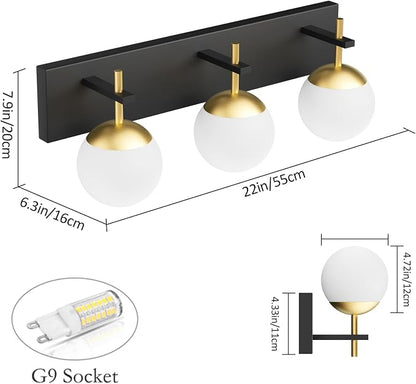 Ralbay Mid Century Modern 3-Light Milky Glass Globe Vanity Lights - Black and Gold Bathroom Wall Lighting