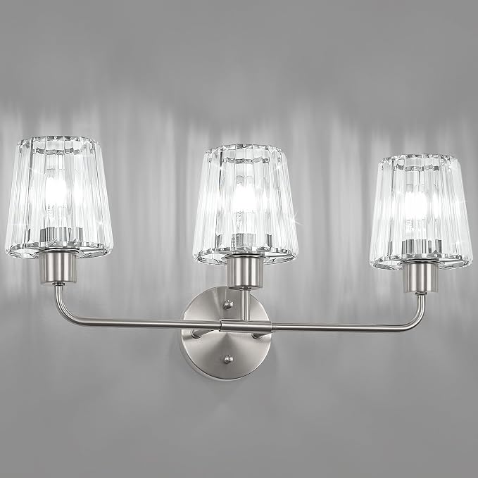 Brushed Nickel Vanity Lights 3-Light Crystal Bathroom Light Fixtures | Modern Bathroom Vanity Light E26 Wall Light over Mirror (Exclude Bulb)