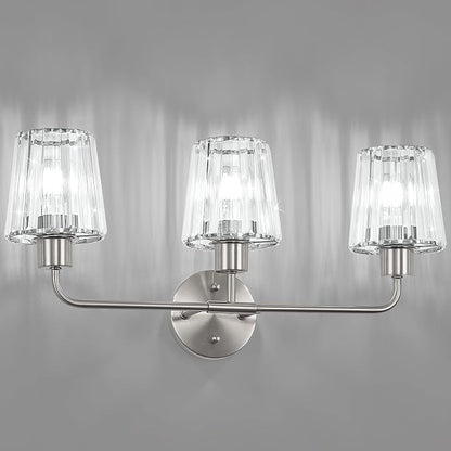 Brushed Nickel Vanity Lights 3-Light Crystal Bathroom Light Fixtures | Modern Bathroom Vanity Light E26 Wall Light over Mirror (Exclude Bulb)