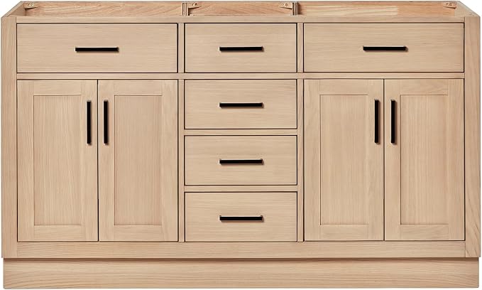 ARIEL Hepburn 60-inch Bathroom Vanity Base Cabinet,Solid Wood, 4 Soft Closing Doors, 6 Dovetail Drawers, White Oak
