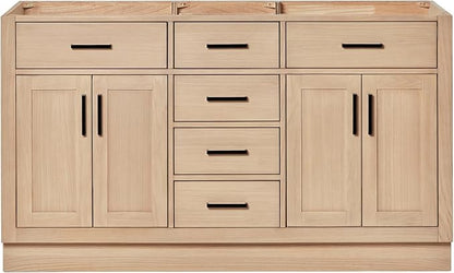 ARIEL Hepburn 60-inch Bathroom Vanity Base Cabinet,Solid Wood, 4 Soft Closing Doors, 6 Dovetail Drawers, White Oak