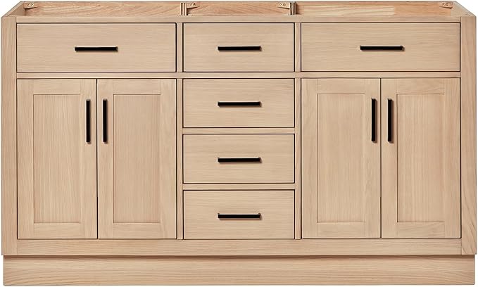 ARIEL Hepburn 60-inch Bathroom Vanity Base Cabinet,Solid Wood, 4 Soft Closing Doors, 6 Dovetail Drawers, White Oak