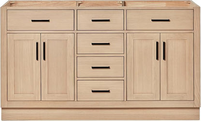 ARIEL Hepburn 60-inch Bathroom Vanity Base Cabinet,Solid Wood, 4 Soft Closing Doors, 6 Dovetail Drawers, White Oak