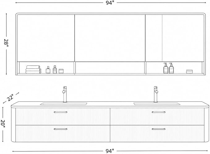 94 in Double Bathroom Vanity with Sinks - Modern Floating Bathroom Vanity with Solid Wood Cabinet, Anti-Fog Mirror and Integrated Stone Sinks | Wall Mounted Design | Ample Storage