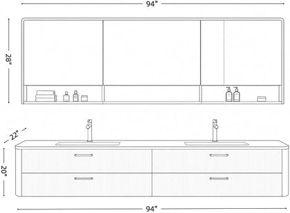94 in Double Bathroom Vanity with Sinks - Modern Floating Bathroom Vanity with Solid Wood Cabinet, Anti-Fog Mirror and Integrated Stone Sinks | Wall Mounted Design | Ample Storage