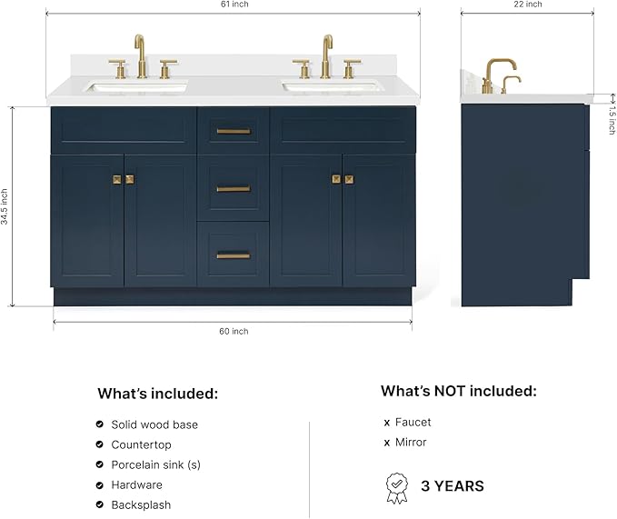 DKB Bradford 60" Midnight Blue Double Bathroom Vanity with Sink, 1.5" Pure White Quartz Countertop, Rectangular Undermount Sinks, Soft Closing Doors & Dovetail Drawers, Satin Brass