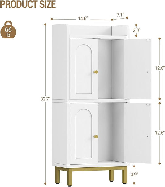 Bathroom Cabinet, Small Storage Cabinet with 4 Doors, Bathroom Organizers and Storage Cabinets with Adjustable Feet. Cabinets Freestanding for Living Room, Kitchen, 7.1"D x 14.6"W x 32.7"H
