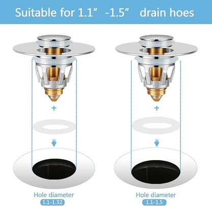 2Pcs Bathroom Sink Stoppers ，Pop Up Drain Stopper for Bathroom Sink，‎2-in-1 Sink Stopper & Strainer,Universal Wash Basin Sink Stopper，for 1.1"~1.5" Bathroom Sink Drain（Silver）