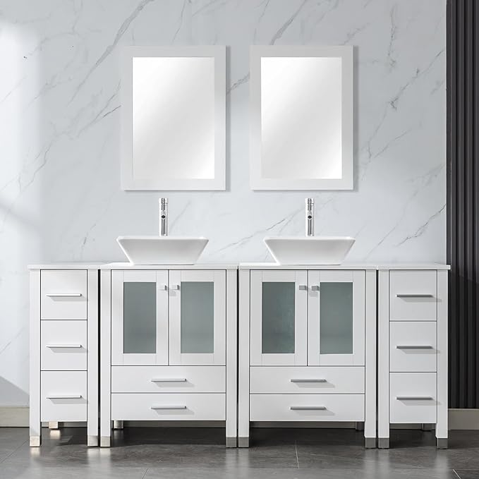 LUCKWIND 72" Double 24-in Bathroom Vanity with Sink Combo, Elegant Series with Two 12.6-in Side Cabinets, Painted Frame, Including White Square Sinks, Faucets Without Mirrors, White