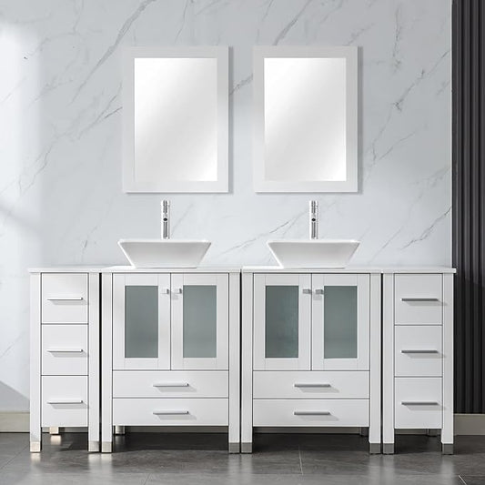 LUCKWIND 72" Double 24-in Bathroom Vanity with Sink Combo, Elegant Series with Two 12.6-in Side Cabinets, Painted Frame, Including White Square Sinks, Faucets Without Mirrors, White