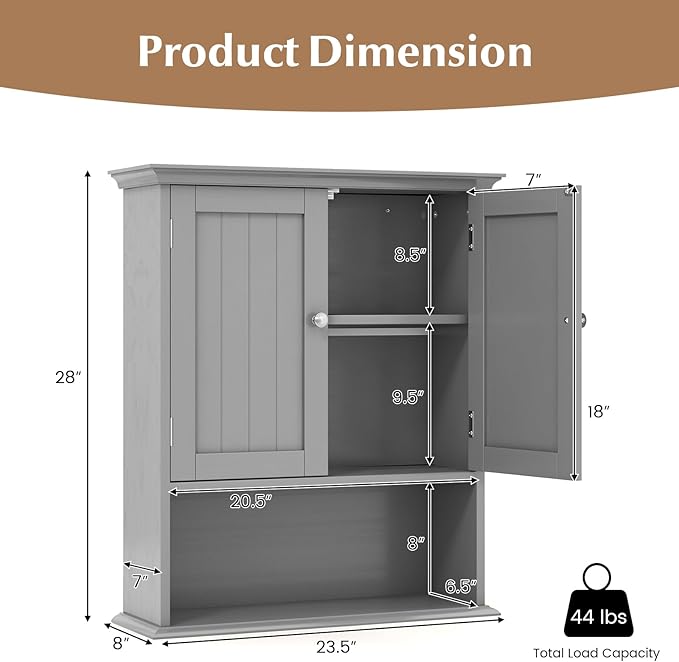 Giantex Wall Mounted Medicine Cabinets - Above Toilet Bathroom Cabinet with Adjustable Shelf, Open Shelf, Over The Toilet Space Saver Storage Cabinet for Laundry Room, Kitchen, Cupboard (Gray)