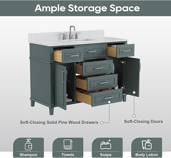 48 Inch Fully Assembled Bathroom Vanity with Sink, Green | Solid Wood, 0.78" Stone Top, Backsplash, Soft Close Doors, Dovetail Drawers, Large Storage, Modern Bathroom Upgrade