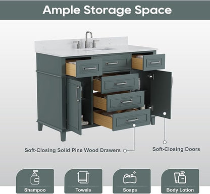 48 Inch Fully Assembled Bathroom Vanity with Sink, Green | Solid Wood, 0.78" Stone Top, Backsplash, Soft Close Doors, Dovetail Drawers, Large Storage, Modern Bathroom Upgrade