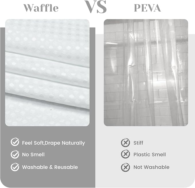 SORTTO No Hook Shower Curtain with Snap in Liner Set Waffle Shower Curtain for Bathroom Hotel Style Fabric Waterproof Inner Liner，54" W x 74" H, White