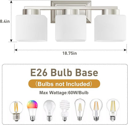 3-Light Bathroom Light Fixtures - Brushed Nickel Bathroom Vanity Lights with Glass Shade Modern Bathroom Lighting Fixtures Over Mirror - Wall Sconce Lamps for Bedroom,Living Room,Hallway