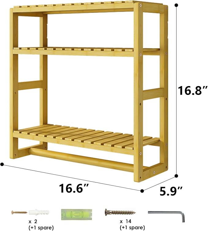 Galood Over The Toilet Storage Bathroom Shelves Wall Mounted 3 Tier Yellow | Space Saver Corner Shelf Organizer Bamboo Towel Rack Toilet Paper Cabinet with Hanging Rod