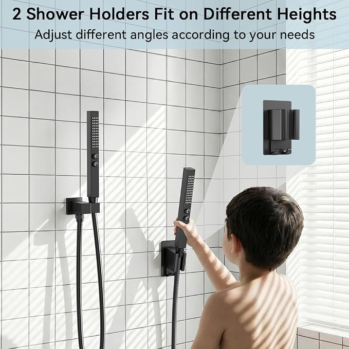 Shower Faucet Sets Rainfall Shower System, 12'' and 6'' Wall Mount Dual Shower Head, 2-in-1 Handheld Spray Gun, 5 Function Diverter with Pressure Balancing Valve Shower Set Matte Black