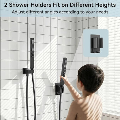 Shower Faucet Sets Rainfall Shower System, 12'' and 6'' Wall Mount Dual Shower Head, 2-in-1 Handheld Spray Gun, 5 Function Diverter with Pressure Balancing Valve Shower Set Matte Black
