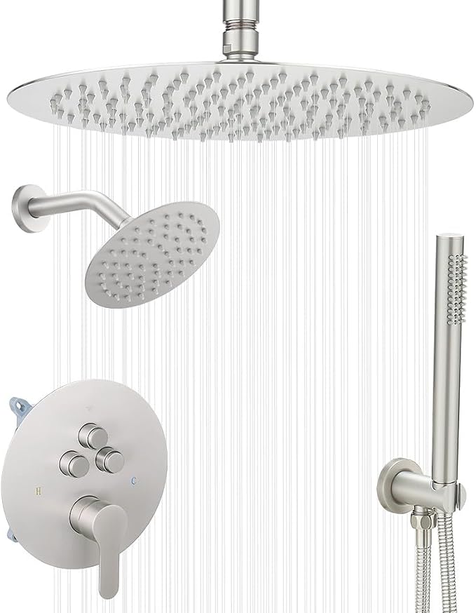 Shower Faucet Set Brushed Nickel 12 Inch Round Ceiling Mount Rainfall Shower System with 2 Rain Shower Head and Handheld Head Push Button Diverter Shower Trim Kit and Rough-in Valve Body