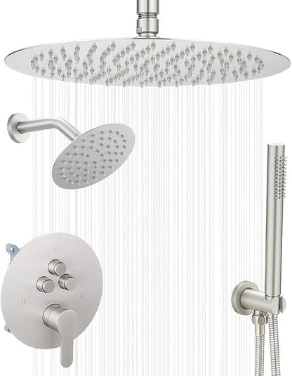 Shower Faucet Set Brushed Nickel 12 Inch Round Ceiling Mount Rainfall Shower System with 2 Rain Shower Head and Handheld Head Push Button Diverter Shower Trim Kit and Rough-in Valve Body