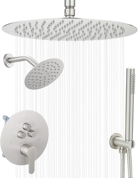 Shower Faucet Set Brushed Nickel 12 Inch Round Ceiling Mount Rainfall Shower System with 2 Rain Shower Head and Handheld Head Push Button Diverter Shower Trim Kit and Rough-in Valve Body