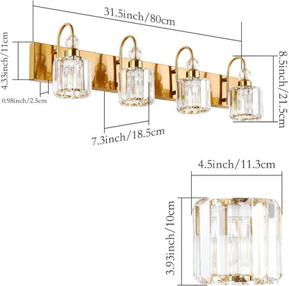 Ralbay Brass Gold Vanity Lights 4-Lights Crystal Bathroom Lighting Fixtures Over Mirror Modern Wall Lighting for Bathroom